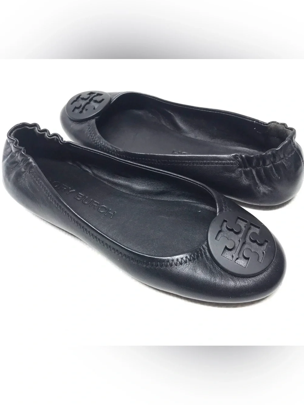 Tory Burch Minnie Travel Black Leather Ballet Flats Metal Logo Sz 6